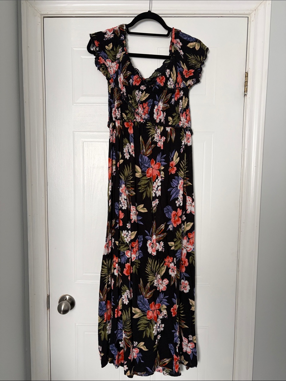Patrons of Peace Black Floral Maxi Dress with Ruffle Trim- M